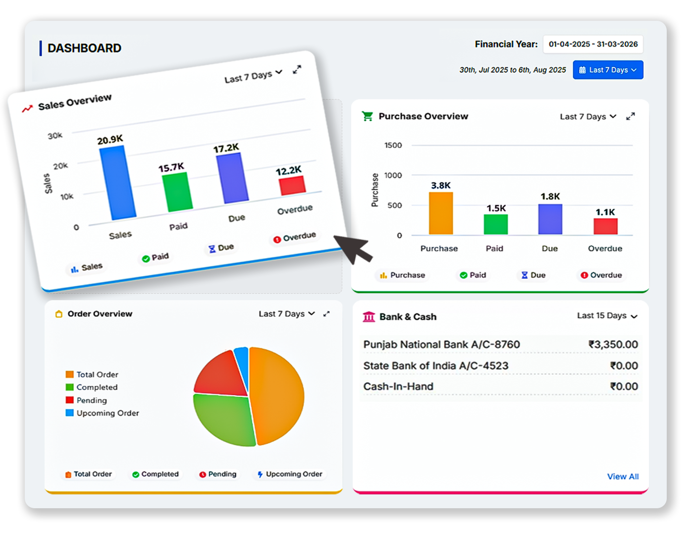 BusinessBook Plus Dashboard showing transaction records and financial charts